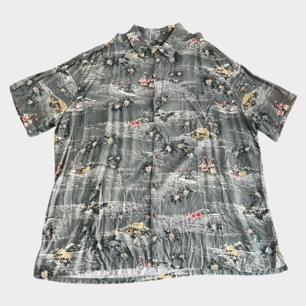Batik Bay Hawaiian Shirt XXL 100% Rayon Grey Surfboard Palm Tree Print Aloha